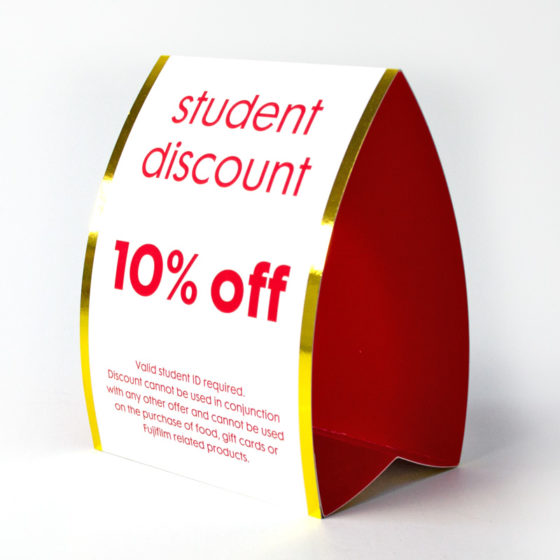 tent card printing offering student discount 10 % off